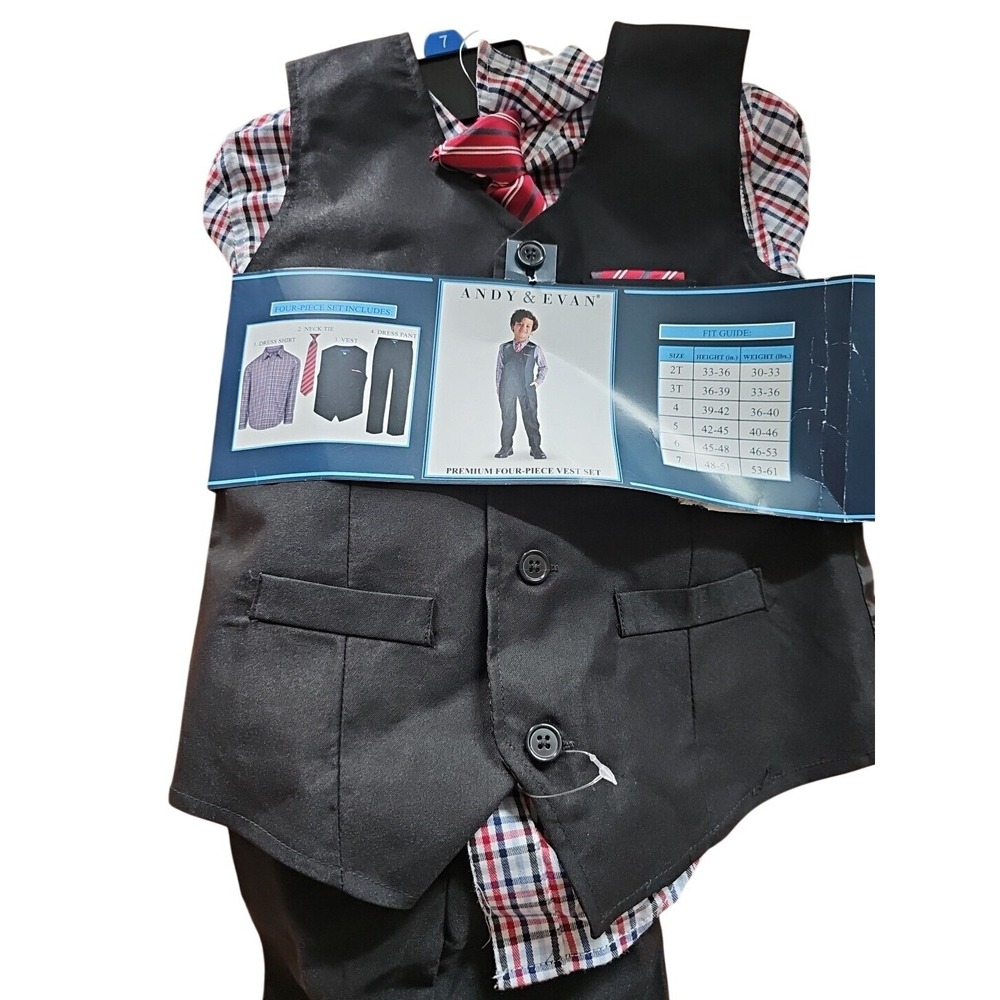 Andy & Evan Boys Formal 4-Piece Suit Vest,Tie,Shirt & Pants(BLACK,7) NWT #446‎